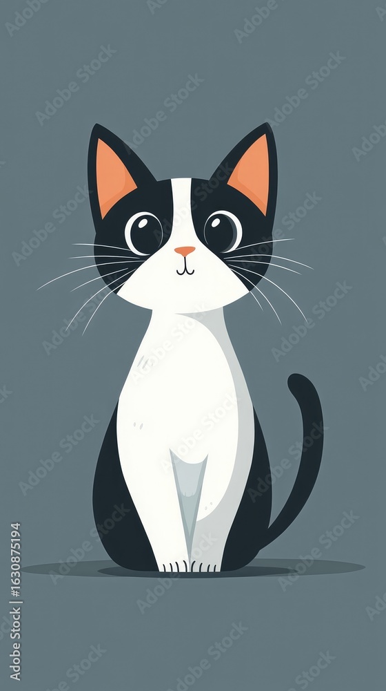 Fototapeta premium A cartoon cat with black and white fur is sitting on a grey surface