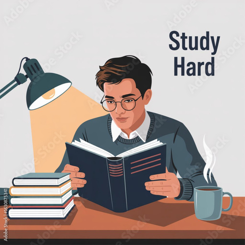 Man student reading book, studying. Person learning science, business, preparing for exam. Happy bookworm reader. Education, knowledge day concept. Flat vector illustration isolated on white 