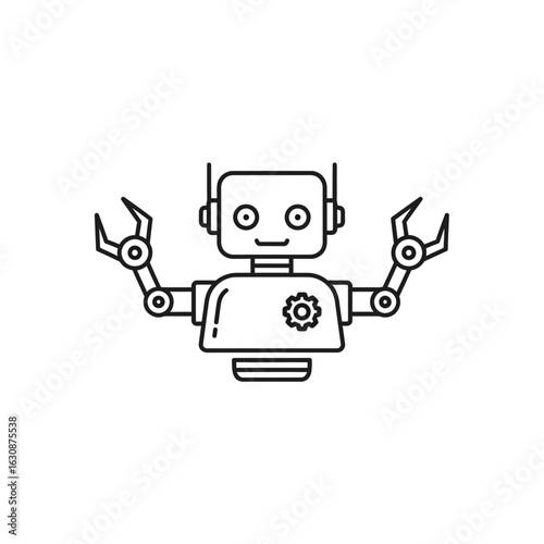 Friendly robot design with articulated arms and gear detail, perfect for tech concepts, innovation, and futuristic projects, ideal for educational materials.