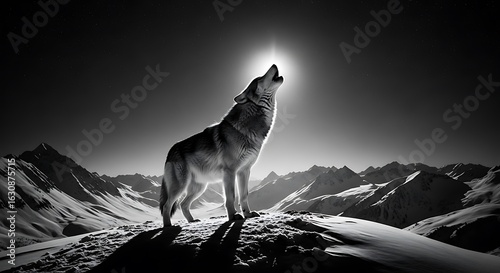 Lone Wolf's Howl to the Moon: A majestic wolf howls towards the moon, a symbol of wilderness and freedom, its cry echoing through the silent, snowy peaks.