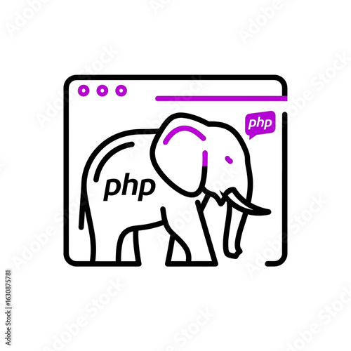 Outline illustration of an elephant inside a browser window, with "php" text displayed on the elephant and in a speech bubble.