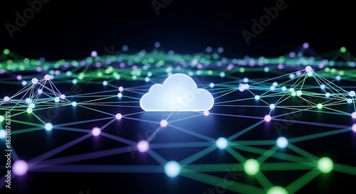 Digital Cloud Network: An ethereal representation of a digital cloud at the heart of a vast network, connected by an intricate web of glowing nodes and lines, set against a deep, dark background.