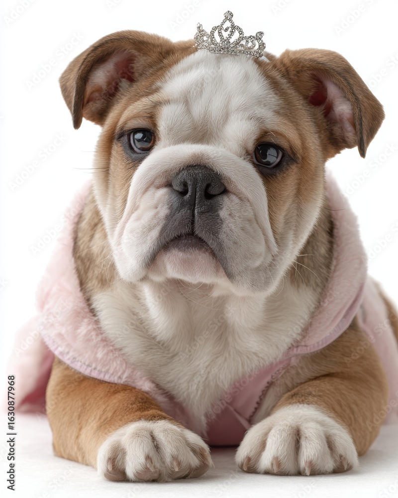 Fototapeta premium Adorable English bulldog puppy, dressed as charming princess, poses sweetly in pink outfit sparkling tiara. This cute pet, full expression regal charm, is perfect themes loyalty, companionship,