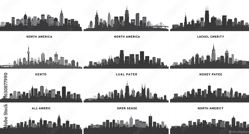 Fototapeta premium Silhouetted Cityscapes: Collection of Urban Skylines in Black and White.