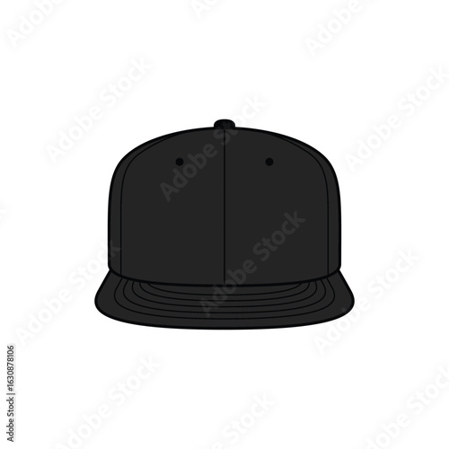 Blank Black Snapback Hat Vector. Front View Baseball Caps With Clipping Path Illustration. Cap For Design Mockup On Print