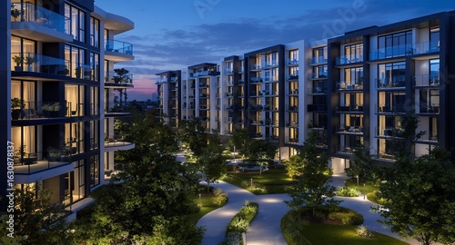 Modern Apartment Complex Courtyard at Dusk