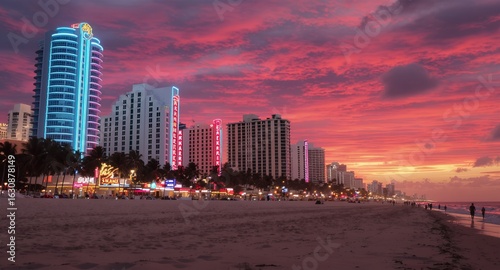Vibrant Sunset over Miami Beach Hotels