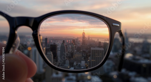 A Cityscape Viewed Through Eyeglasses at Sunset
