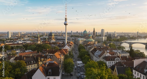 Aerial View of Berlin Cityscape with TV Tower and Buildings at Sunset