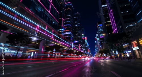 Nighttime Cityscape with Neon Lights and Streaking Traffic Trails.