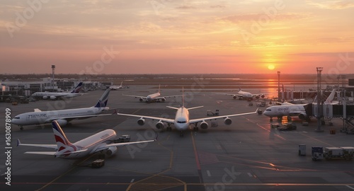Airplanes at Airport Terminal at Sunset, Preparing for Departure