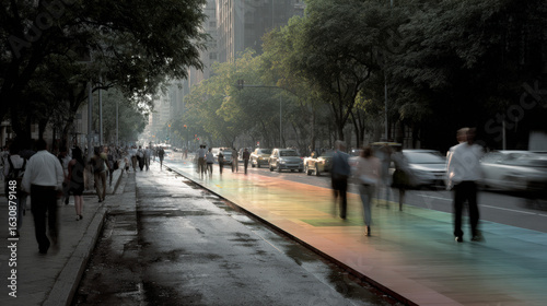 imagine futuristic city street where road colors change dynamically based on traffic flow