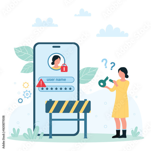 Blocked account in mobile app vector illustration. Cartoon tiny user holding broken key, person forgot secret password or login to authenticate profile with padlock. Data protection, privacy concept