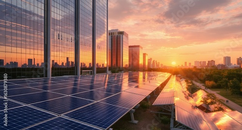 Urban Sunset: Solar Panels on Modern Building Reflecting City Skyline