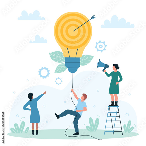 Creative idea and solution in entrepreneurship vector illustration. Cartoon tiny people holding rope to big bright light bulb with target and arrow inside, brainstorming of entrepreneurs team