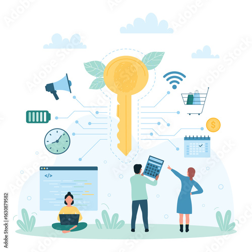 Cyber security and biometric authentication technology vector illustration. Cartoon tiny people with fingerprint key unlocking access to privacy information, control program and internet connection