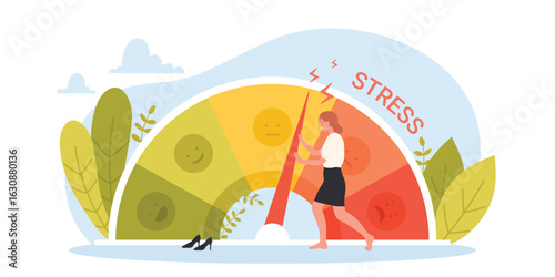 Stress level, mood and emotions scale vector illustration. Cartoon tiny businesswoman pushing with effort arrow on dashboard dial of gauge to reduce pressure and manage tension, depression reduction