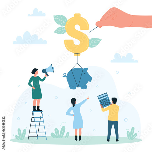 Inflation impact on financial savings, investment crash vector illustration. Cartoon hand pushing needle to pop balloon of dollar shape, piggy bank with tiny investors money flying on bubble