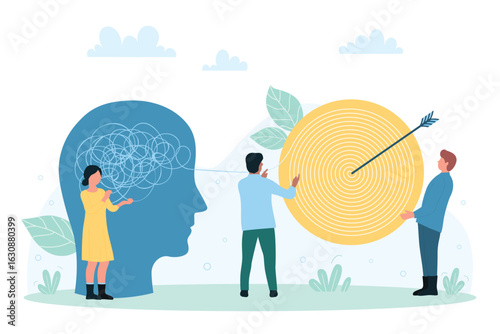 Psychology, mental health, therapy for mind disorder vector illustration. Cartoon tiny people unravel messy confusion of tangled problems in human head, diagnosis, help and treatment of thoughts chaos