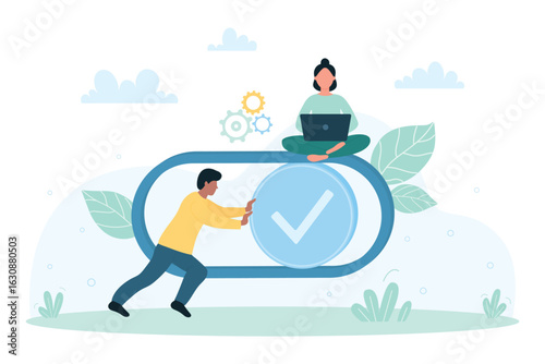 Account profile, customization of user interface menu vector illustration. Cartoon tiny man moving slider to right on button with check mark, people customize, control and edit digital settings