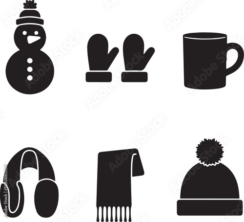 Winter essentials snowman mittens mug scarf earmuffs beanie icons