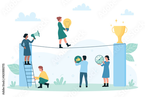Risky difficult challenge and achievement, crisis management vector illustration. Cartoon tiny woman walking on balance tightrope to golden cup, talent employee leader carrying light bulb with risk