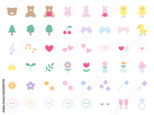 かわいいアイコンセットのベクターイラスト。飾り、ハート、くま、うさぎ、ひよこ、リボン
