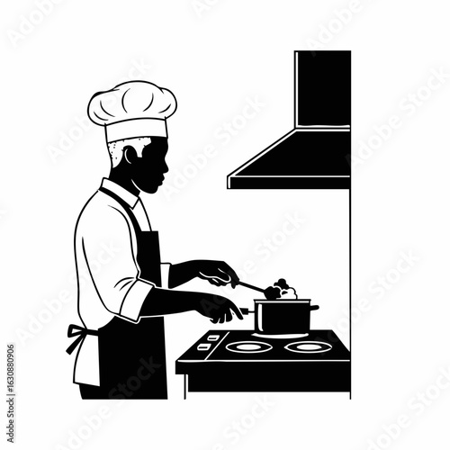 Chef Cooking in Kitchen with Pot on Stove for Culinary Blogs, Restaurant Menus, Cooking Classes, Food Workshops, and Kitchen Decor Ideas  