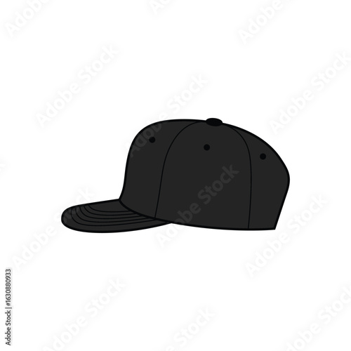 Blank Black Snapback Hat Vector. Side View Baseball Cap Illustration. Cap For Design Mockup On Print