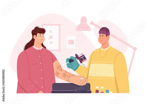 Tattoo salon vector illustration. Cartoon master character holding machine and making art tattoo sketch on skin of girl, professional male tattooist tattooing and drawing with equipment in studio