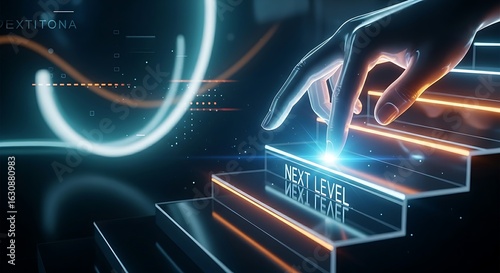 Reaching the next level concept. A hand touches a holographic staircase, illuminating the next step with the words 