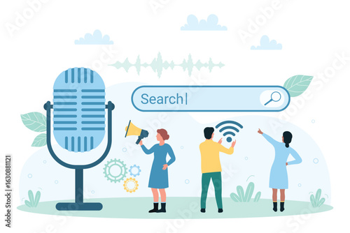 Virtual help of smart voice assistant, AI vector illustration. Cartoon tiny people with microphone and megaphone use artificial intelligence in application to talk and search music and information