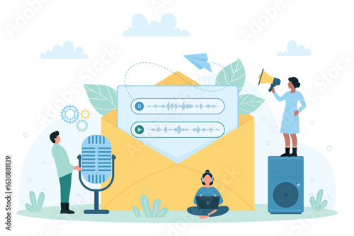 Voice mail service vector illustration. Cartoon tiny people record audio message, use megaphone and laptop, big microphone and envelope, online social media messenger to send sound information,