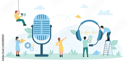 Voice message, chat in clubhouse service vector illustration. Cartoon tiny people using big microphone and headphones for audio conversation, record and listen sound in online messenger of phone