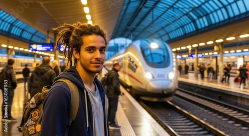 Traveler with dreadlocks at train station platform ready for journey by railway public transportation