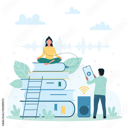 Audiobook technology vector illustration. Cartoon tiny girl student with headphones sitting on books to listen audio podcast, digital guide and literature, man holding smartphone with player on screen