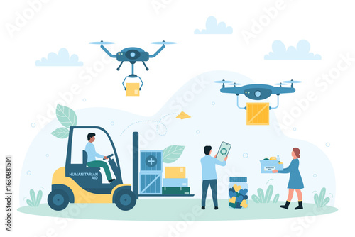 Delivery of humanitarian aid by drones, aerial automated shipping of charity boxes vector illustration. Cartoon fast unmanned helicopter fly with packages, tiny people deliver medicines and food
