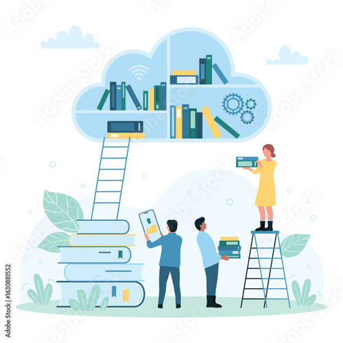 Cloud library, digital database for education vector illustration. Cartoon tiny people holding devices to connect to virtual knowledge storage and read books, download files and folders online