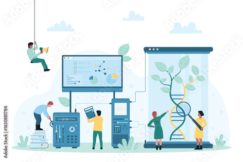 Scientific DNA research, molecular biology and biotechnology vector illustration. Cartoon tiny people look through magnifying glass at plant in DNA helix, use laboratory equipment for genetic tests