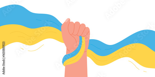 Raising hand with Ukraine Flag ribbon. Glory to Ukraine, Save Ukrainians, Stop War vector illustration