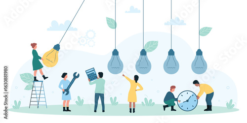 Creative idea, insight, efficiency and business innovation vector illustration. Cartoon tiny character holding yellow bright light bulb of success invention, dark electric lamps hang on wires in row