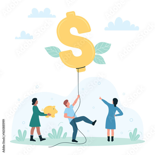 Currency inflation, financial investment vector illustration. Cartoon tiny people holding rope with dollar balloon and piggy bank, pull inflation down, investing risk and flight of money bubble in sky