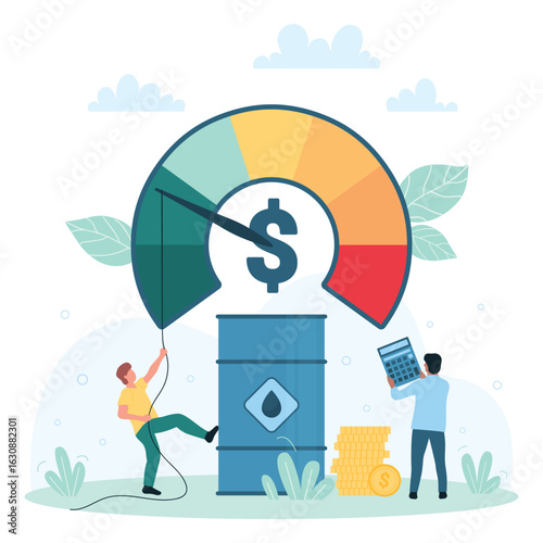 Oil price growth and management vector illustration. Cartoon tiny people pull indicator arrow down with rope, reduce with efforts barrel high cost and increase financial profit, global oil marketing