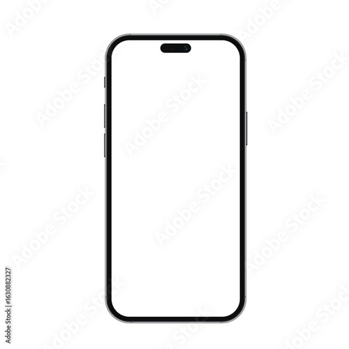 Realistic phone mockup for any project vector illustration. New trendy version of black thin frame display smartphone with blank white screen.