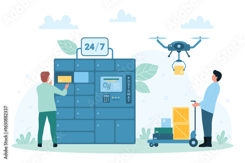 Delivery express service to postal terminal vector illustration. Cartoon tiny people receive orders in locker of automatic post station, flying courier drone delivering box from warehouse to address