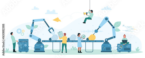 Innovation, new creative idea generation and brand development vector illustration. Cartoon tiny people work with factory conveyor belt and robot arms, process production of light bulb with machinery