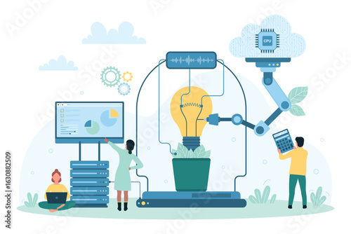 Eco science innovation, technology and idea improvement vector illustration. Cartoon tiny people repair light bulb, engineering modern creative lamp with help of robot arms and laboratory equipment