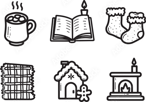 Cozy winter icons cozy home comfort warm fireplace hot drink