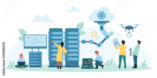 Datacenter technology, AI, hardware and software vector illustration. Cartoon tiny people work in team with computers, servers and robot arms to fix and repair infrastructure of supercomputer