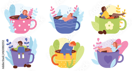 Morning coffee cups with sleepy tired funny people set vector illustration. Cartoon isolated big mugs with lazy and exhausted male and female tiny characters without energy in need rest and sleep